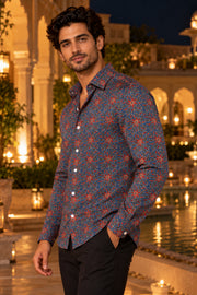 Blue Ajrakh Printed Vegan Modal Silk Mens Shirt 10078095