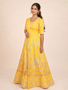 Yellow Net Silk Embroidered Lehenga 10076883
