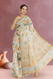 Cream Parrot Motifs Chanderi Printed Silk Cotton Saree 10075924