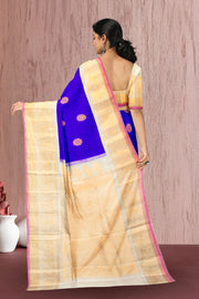 Gadwal Kuttu Weave Handloom Silk Saree in Royal Blue with Cream Peacock Motif Border 10062948