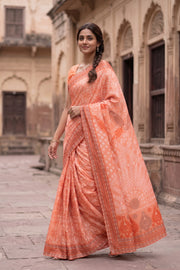 Peach Orange Chikankari Embroided Organza Saree 10078114