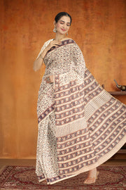 Cream Sanganeri Printed Silk Cotton Saree 10075718