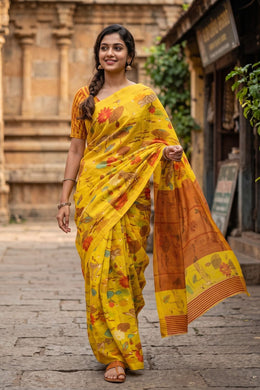 Yellow Swans motifs Chanderi Printed Silk Cotton Saree 10075935