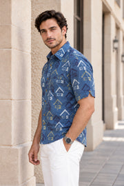 Blue Half Sleeve Ajrakh Printed Cotton Mens Shirt 10073052