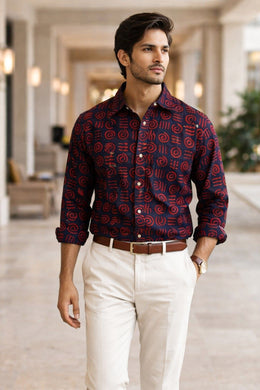 Indigo Handblock Print Pre-Washed Pure Cotton Shirt 10076874