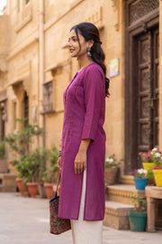 Bright Purple Handcrafted Slub Cotton Kurta 10077425