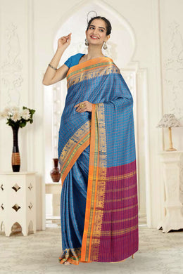Blue Thousand Buttas Chettinad Cotton Saree 10073622