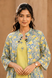 Pista Green Hand Block Printed Midi Coat Cotton Dress With Jacket 10077649
