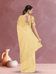 Yellow Floral Printed Linen Saree 10074019