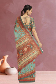 Blue Kalamkari Printed Malai Cotton Saree 10074677