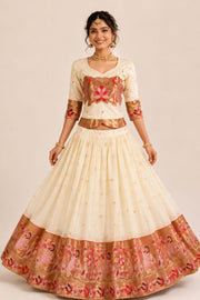 Cream Handcrafted Paithani Lehenga 10065964