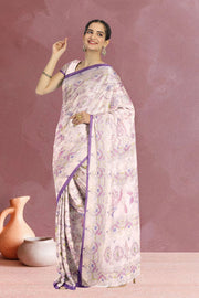 Cream Kalamkari Kantha Printed Malai Cotton Saree 10074905