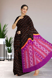 Black Bandhani Mulmul Cotton Saree 10075503