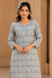 Denim Blue Hand Block Printed Cotton Dress 10077631