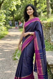 Blue Vegan Silk Kanjivaram Saree With Checks Design 10076323