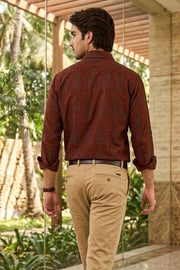 Dark Cherry Maroon Bagh Printed Full Sleeve Men's Cotton Shirt 10076878