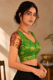 Nature Glow Green Kanjivaram Silk Blouse With Floral Motifs and Floral Border 10076637