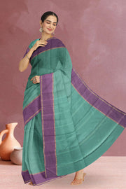 Kanjivaram Vegan Viscose Silk Saree Turkish Blue Color Block Design 10075551