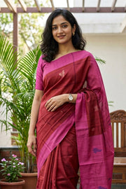 Rust Red Kanjivaram Vegan Silk Saree with Contrast Pink Pallu 10075923
