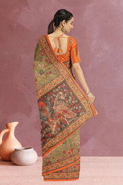 Green Kalamkari Printed Malai Cotton Saree 10074682