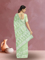 Green Handloom Jamdani Style Cotton Saree with Blouse 10074222