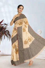 Beige Hand Block Printed Chanderi Saree 10049151