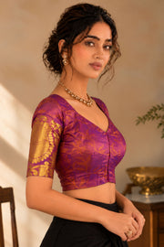 Royal Berry Purple Kanjivaram Silk Blouse With Leaf Design and Paisley Border 10076652