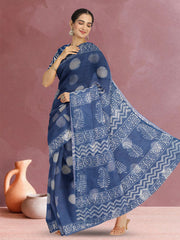 Blue Indigo Circle Design Dabu Print Kota Cotton Saree 10074181