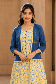 Yellow Hand Block Printed Cotton Dress With Jacket 10077616