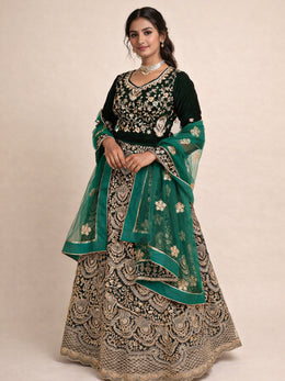 Green & Black Velvet Embroidered Lehenga 10076881