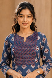 Blue Hand Block Printed Cotton Kurta 10077665