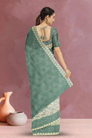 Green Floral Printed Linen Saree 10074035