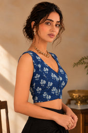 Blue Indigo Hand Block Print Cotton Sleeveless Blouse 10078144