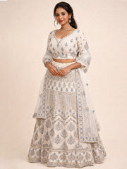 Cream Net Silk Embroidered Lehenga 10076880