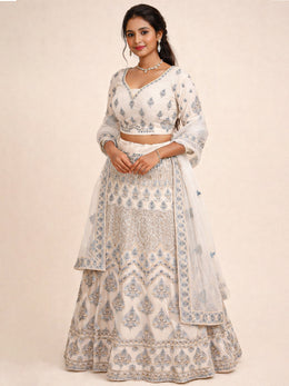 Cream Net Silk Embroidered Lehenga 10076880
