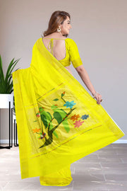 Yellow Handwoven Paithani Cotton Saree with Silk Pallu 10062509