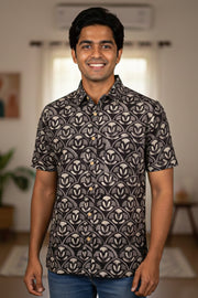 Black Half Sleeve Jahota Printed Cotton Mens Shirt 10076224