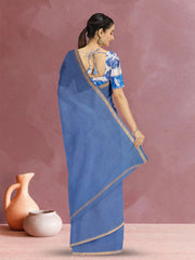 Steel Blue Solid Style Kota Cotton Saree with Contrast Blouse 10074185