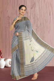 Grey Handloom Paithani Cotton Saree with Silk Pallu 10068437