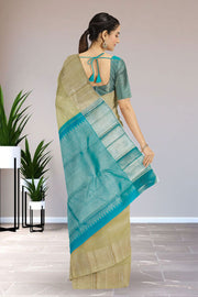 Greenish Pastel Yellow Pure Zari Kanjivaram Silk Saree 10063139