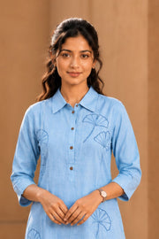 Powder Blue Embroidered Cotton Shirt Style Kurta 10077671