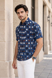 Blue Half Sleeve Ajrakh Printed Cotton Mens Shirt  10076826