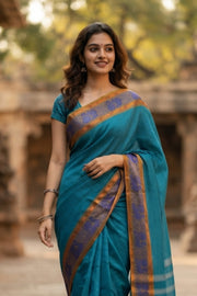 Sea Wave Blue Handloom Kanchi Cotton Saree with Checks and Peacock Border 10076470