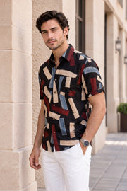 Black Half Sleeve Ajrakh Printed Cotton Mens Shirt 10076830