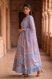 Blue Hand Block Printed Cotton Chaniya Choli With Kota Doria Dupatta 10066328