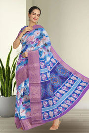 Pacific Blue Fancy Printed Linen Saree 10070282