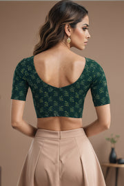 Green Floral Motif Indigo Hand Block Print Cotton Blouse 10074581