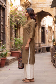 Brown Handcrafted Slub Cotton Kurta 10077428