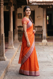 Orange Vegan Silk Kanjivaram Saree with Stripe Design 10077933