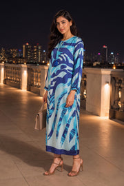 Blue Printed Vegan Charmeuse Silk Dress 10077274